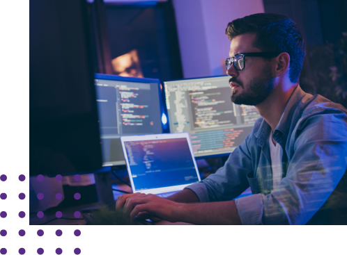 Profile of male, skilled focused serious guy writing script ai tech support devops creating digital solution front-end in dark room workplace station