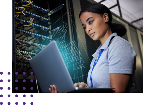 Laptop, network and data center with a black woman it support engineer working in a dark server room.